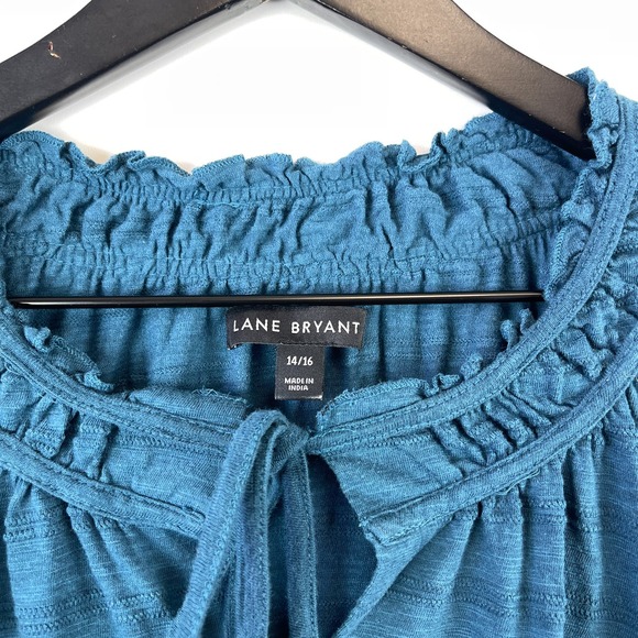 Lane Bryant (14/16 Plus) Blouse Puff Sleeve Stripe Blue Faux Button - Picture 3 of 9